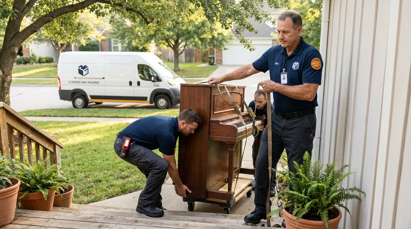Licensed piano movers securing grand piano in Farmington, UT