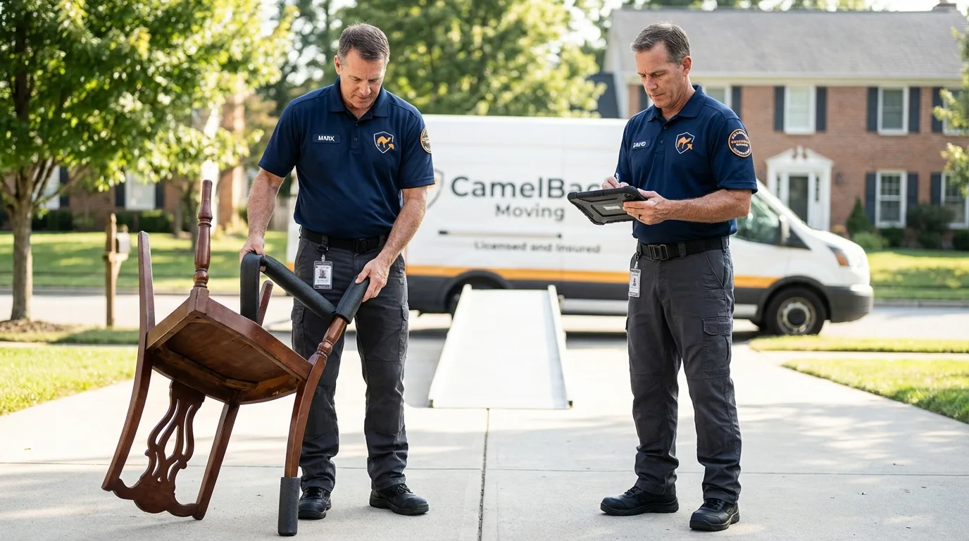 Movers inspecting furniture for damage prevention before loading in Farmington, UT