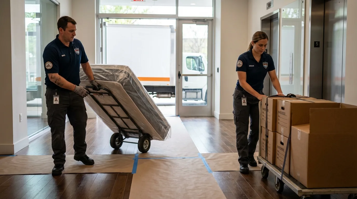 Professional apartment movers loading elevator in Farmington, UT