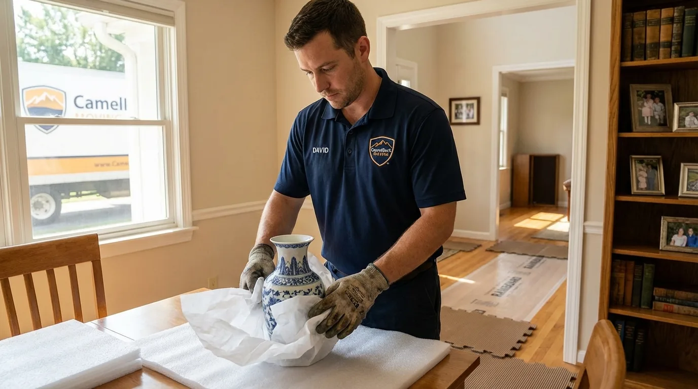 Professional crew carefully wrapping antique vase for senior downsizing move in Farmington, UT